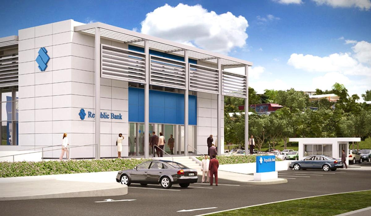 Republic Bank building on a clear day, featuring modern architecture with blue and white signage at the entrance.
